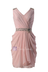 In stock,Ready to Ship - Beaded V-Neck Pink Chiffon Bridesmaid Dress(BM875) - (#19 Blush Pink, Sz10)