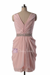 In stock,Ready to Ship - Beaded V-Neck Pink Chiffon Bridesmaid Dress(BM875) - (#19 Blush Pink, Sz10)