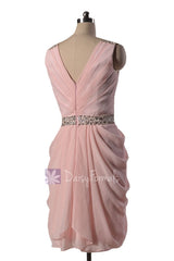 In stock,Ready to Ship - Beaded V-Neck Pink Chiffon Bridesmaid Dress(BM875) - (#19 Blush Pink, Sz10)