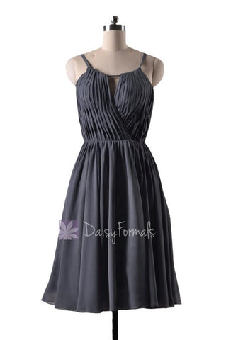 In stock,Ready to Ship - Short Gray Chiffon Bridesmaid Dress W/Scoop Neck(BM10826S) - (#53 Dark Gray, Sz2)