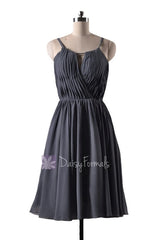 In stock,Ready to Ship - Short Gray Chiffon Bridesmaid Dress W/Scoop Neck(BM10826S) - (#53 Dark Gray, Sz2)
