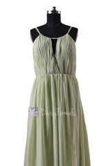In stock,Ready to Ship - Plus Size Long Green Chiffon Bridesmaid Dress(BM10826L) - (#33 Tea Green)