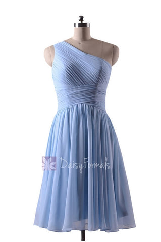 In stock,Ready to Ship - Short One Shoulder Light Blue Chiffon Bridesmaid Dress(BM351) - (#40 Ice Blue, Sz8)