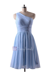 In stock,Ready to Ship - Short One Shoulder Light Blue Chiffon Bridesmaid Dress(BM351) - (#40 Ice Blue, Sz8)