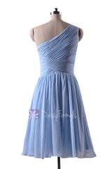 In stock,Ready to Ship - Short One Shoulder Light Blue Chiffon Bridesmaid Dress(BM351) - (#40 Ice Blue, Sz8)