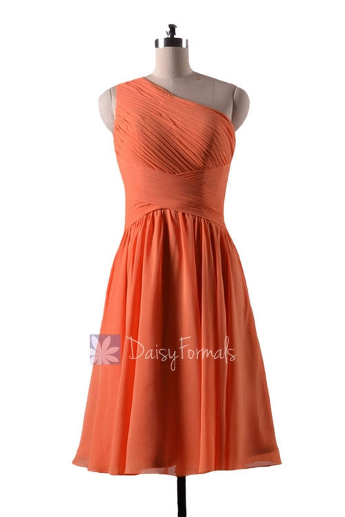 In stock,Ready to Ship - Short One Shoulder Orange Chiffon Bridesmaid Dress(BM351) - (#22 Orange, Sz4)