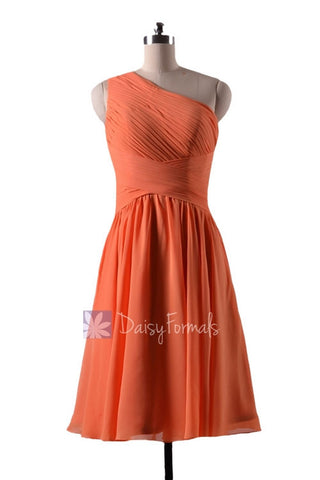 In stock,Ready to Ship - Short One Shoulder Orange Chiffon Bridesmaid Dress(BM351) - (#22 Orange, Sz4)