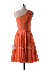 In stock,Ready to Ship - Short One Shoulder Orange Chiffon Bridesmaid Dress(BM351) - (#22 Orange, Sz4)