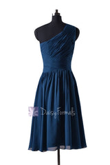 In stock,Ready to Ship - Short One Shoulder Peacock Blue Chiffon Bridesmaid Dress(BM351) - (#41 Peacock Blue, Sz2)