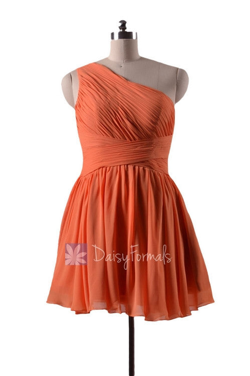 In stock,Ready to Ship - Mini Length One Shoulder Chiffon Bridesmaid Dress (BM351N)- (#22 Orange)