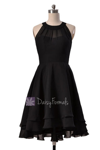 Short High Low Bridesmaid Dress Black Chiffon Formal Dress W/Illusion Neckline(CST2225)
