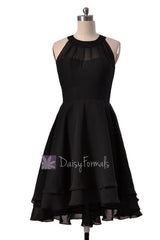Short High Low Bridesmaid Dress Black Chiffon Formal Dress W/Illusion Neckline(CST2225)
