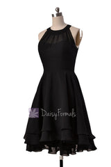 Short High Low Bridesmaid Dress Black Chiffon Formal Dress W/Illusion Neckline(CST2225)