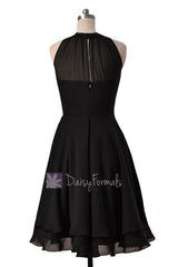 Short High Low Bridesmaid Dress Black Chiffon Formal Dress W/Illusion Neckline(CST2225)