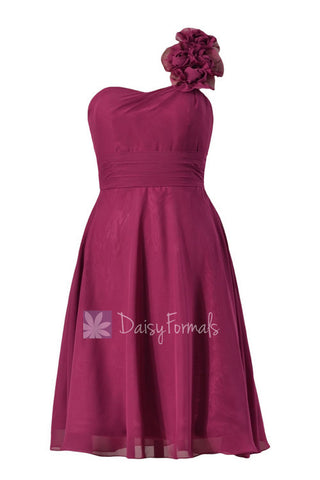 Purple Wedding Party Dress Short One Shoulder Chiffon Dress W/Fabric Flowers(BM10358B)