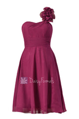 Purple Wedding Party Dress Short One Shoulder Chiffon Dress W/Fabric Flowers(BM10358B)