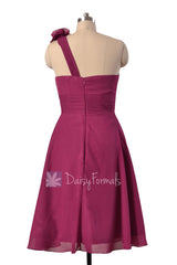 Purple Wedding Party Dress Short One Shoulder Chiffon Dress W/Fabric Flowers(BM10358B)