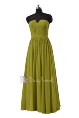 Long Bright Olive Chiffon Bridal Party Dress Strapless Formal Dress W/Inserted V-Neck(BM10823L)