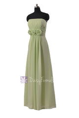 Floor Length Chiffon Bridesmaid Dress Tea Green Long Formal Dress W/Flowers(BM122B)