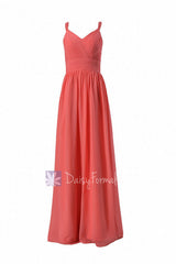 V-Neck Floor Length Chiffon Bridesmaid Dress Light Coral Formal Dress(BM14235)