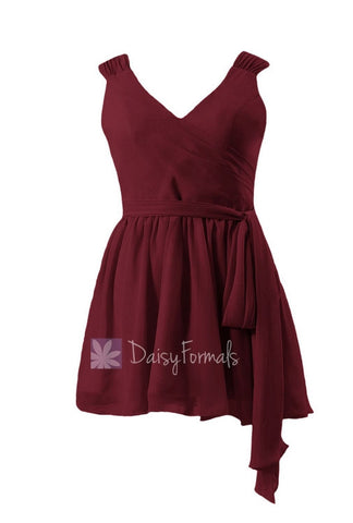Scarlet Chiffon Mini Skirt W/V Neckline Dark Red Cocktail Bridesmaid Dress(BM1662RG)