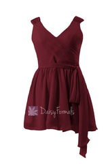 Scarlet Chiffon Mini Skirt W/V Neckline Dark Red Cocktail Bridesmaid Dress(BM1662RG)
