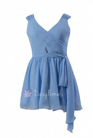 Beautiful Blue Chiffon Mini Skirt Plus Size Cocktail Bridesmaid Dress W/V-Neckline(BM1662RG)