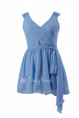 Beautiful Blue Chiffon Mini Skirt Plus Size Cocktail Bridesmaid Dress W/V-Neckline(BM1662RG)