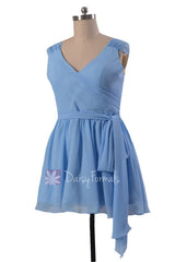 Beautiful Blue Chiffon Mini Skirt Plus Size Cocktail Bridesmaid Dress W/V-Neckline(BM1662RG)