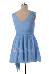 Beautiful Blue Chiffon Mini Skirt Plus Size Cocktail Bridesmaid Dress W/V-Neckline(BM1662RG)