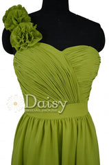 Short Bright Olive Chiffon Dress One-Shoulder Bridesmaid Dress W/Fabric Flowers(BM223)