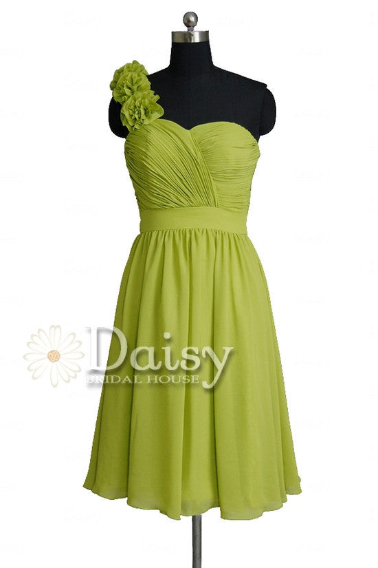 Short Bright Olive Chiffon Dress One-Shoulder Bridesmaid Dress W/Fabric Flowers(BM223)