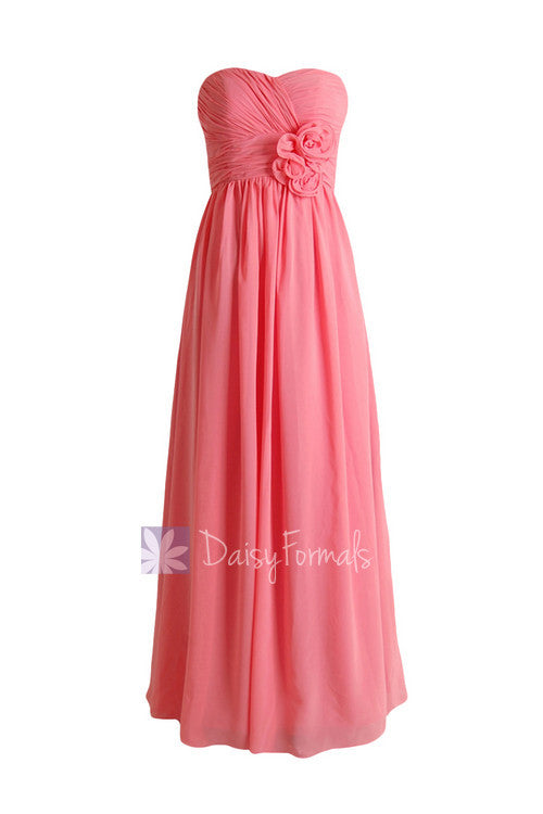 Light Coral Long Sweetheart Chiffon Evening Dress Long Coral Bridesmaid Dress(BM224)