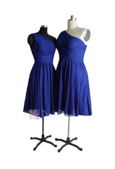 In stock,Ready to Ship - Short Pleated One Shoulder Dark  Blue Chiffon Dress(BM351) - (Custom Dark Blue, Sz2)