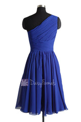 In stock,Ready to Ship - Short Pleated One Shoulder Dark  Blue Chiffon Dress(BM351) - (Custom Dark Blue, Sz2)