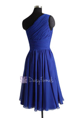 In stock,Ready to Ship - Short Pleated One Shoulder Dark  Blue Chiffon Dress(BM351) - (Custom Dark Blue, Sz2)