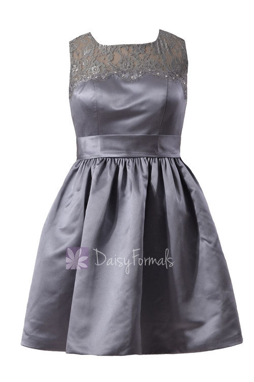 Gray Satin Mini Skirt Lace Coctail Bridesmaid Dress W/Illusion Neckline(BM2422A)
