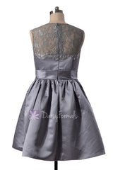 Gray Satin Mini Skirt Lace Coctail Bridesmaid Dress W/Illusion Neckline(BM2422A)