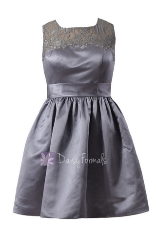 Gray Satin Mini Skirt Lace Coctail Bridesmaid Dress W/Illusion Neckline(BM2422A)