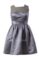 Gray Satin Mini Skirt Lace Coctail Bridesmaid Dress W/Illusion Neckline(BM2422A)