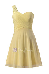 Light Yellow Chiffon One Shoulder Chiffon Dress Mini Skirt Bridesmaid Dress (BM2430N)