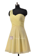 Light Yellow Chiffon One Shoulder Chiffon Dress Mini Skirt Bridesmaid Dress (BM2430N)