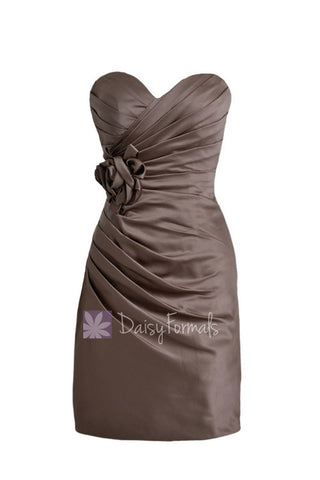 Pale Brown Satin Bridesmaid Dress Short Sweetheart Party Dress W/Handmade Flowers(BM2450)
