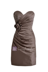 Pale Brown Satin Bridesmaid Dress Short Sweetheart Party Dress W/Handmade Flowers(BM2450)