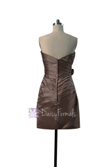 Pale Brown Satin Bridesmaid Dress Short Sweetheart Party Dress W/Handmade Flowers(BM2450)