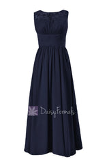 Navy Chiffon Party Dress Long Lace Formal Dress W/Heart Shape Hollow Back (BM2528)