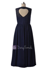 Navy Chiffon Party Dress Long Lace Formal Dress W/Heart Shape Hollow Back (BM2528)