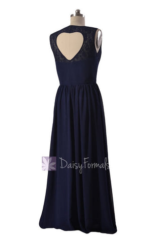 Navy Chiffon Party Dress Long Lace Formal Dress W/Heart Shape Hollow Back (BM2528)
