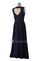 Navy Chiffon Party Dress Long Lace Formal Dress W/Heart Shape Hollow Back (BM2528)