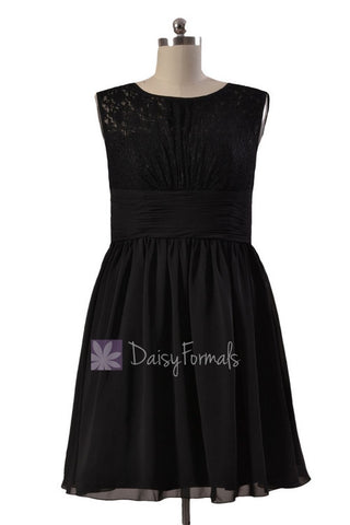 Knee Length Lace Party Dress Black Chiffon Formal Dress W/Illusion Neckline(BM2529)